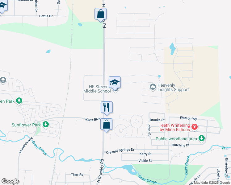map of restaurants, bars, coffee shops, grocery stores, and more near 940 North Crowley Road in Crowley