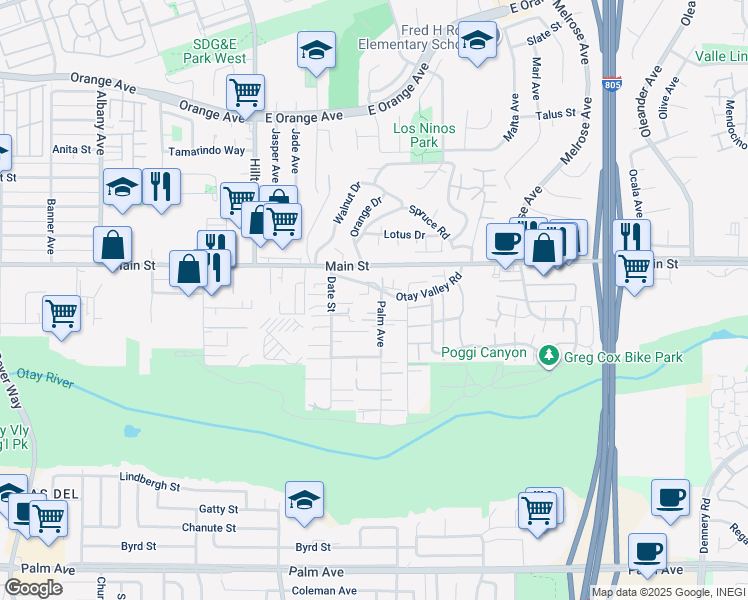 map of restaurants, bars, coffee shops, grocery stores, and more near 146 Palm Avenue in Chula Vista