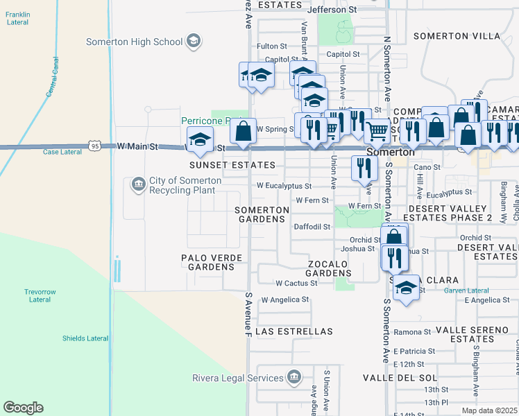 map of restaurants, bars, coffee shops, grocery stores, and more near South Avenue F in Somerton