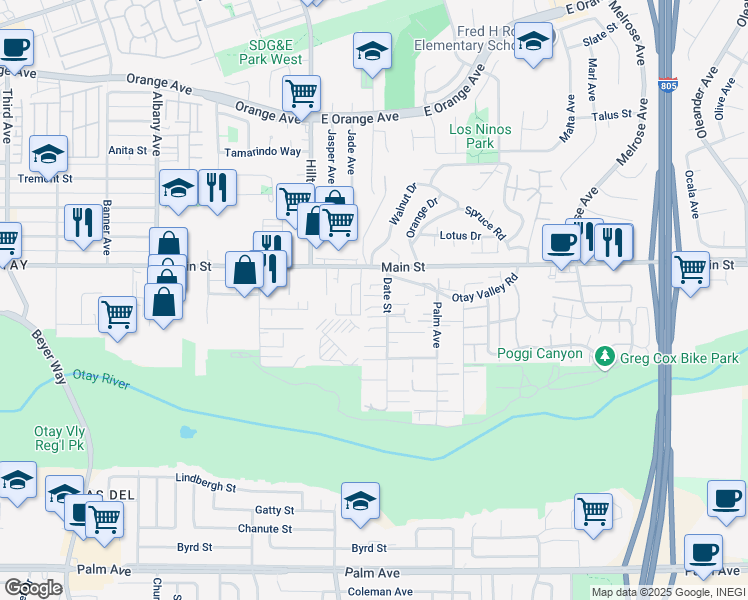 map of restaurants, bars, coffee shops, grocery stores, and more near 3867 Main Street in Chula Vista