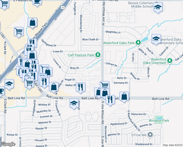 map of restaurants, bars, coffee shops, grocery stores, and more near 301 North Joe Wilson Road in Cedar Hill
