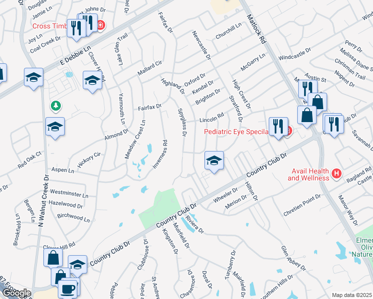 map of restaurants, bars, coffee shops, grocery stores, and more near 1300 Spyglass Drive in Mansfield