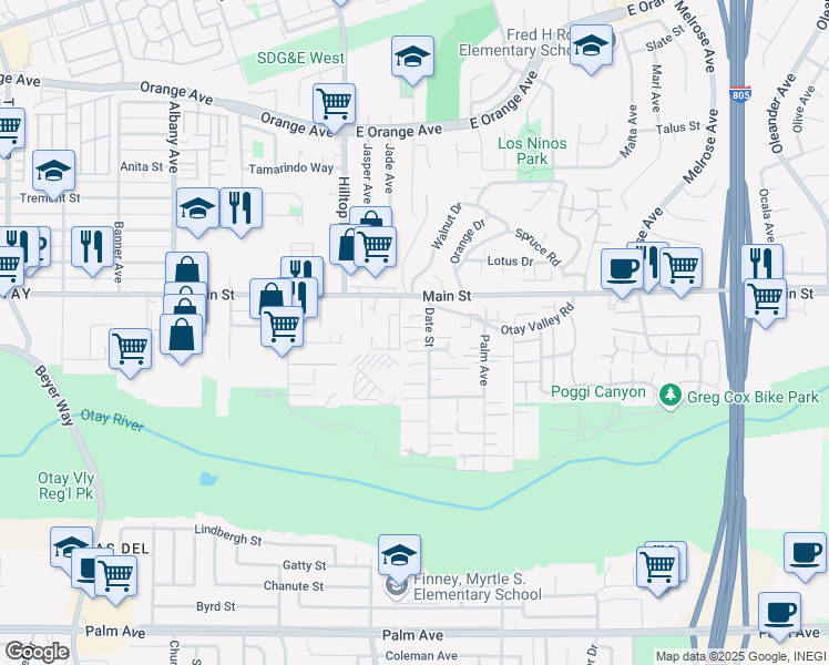 map of restaurants, bars, coffee shops, grocery stores, and more near 3867 Main Street in Chula Vista