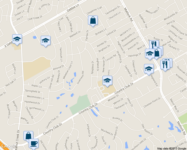map of restaurants, bars, coffee shops, grocery stores, and more near 1300 Spyglass Drive in Mansfield