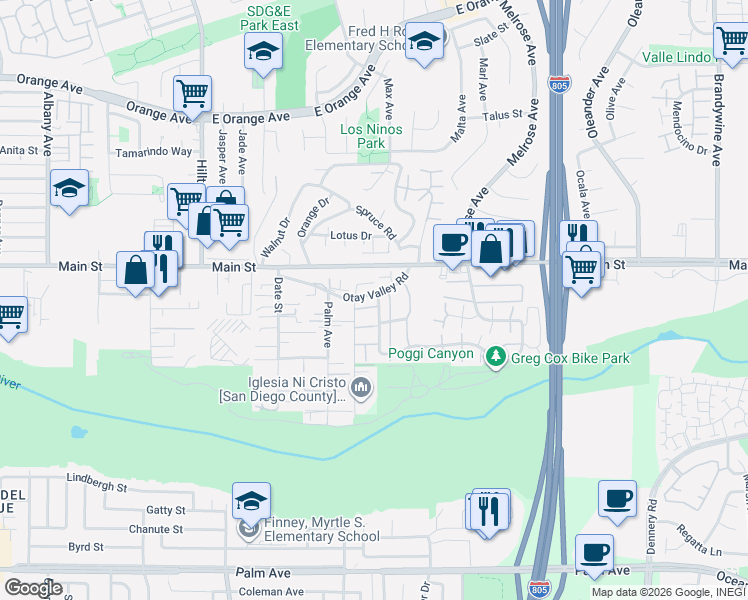 map of restaurants, bars, coffee shops, grocery stores, and more near 1729 Regency Way in Chula Vista