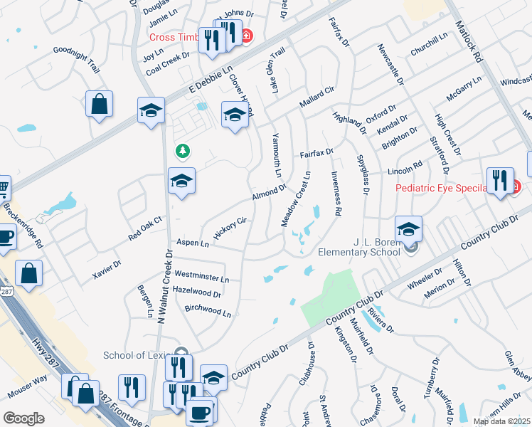 map of restaurants, bars, coffee shops, grocery stores, and more near 1521 Berkeley Drive in Mansfield