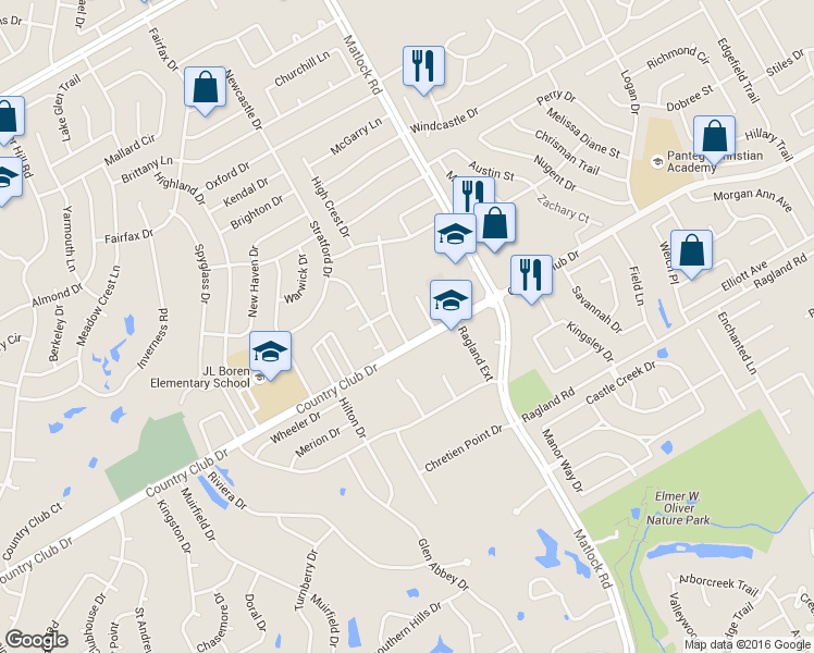 map of restaurants, bars, coffee shops, grocery stores, and more near 1104 Chapel Hill Drive in Mansfield