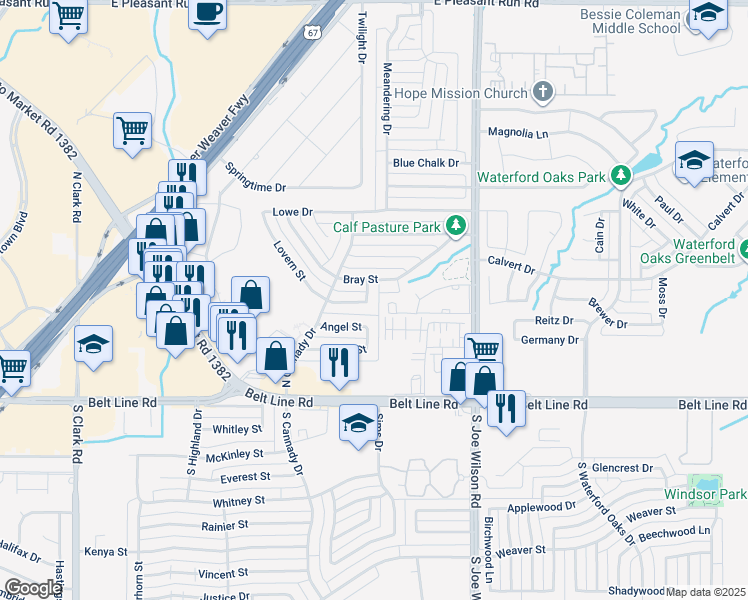 map of restaurants, bars, coffee shops, grocery stores, and more near 811 Lovern Court in Cedar Hill