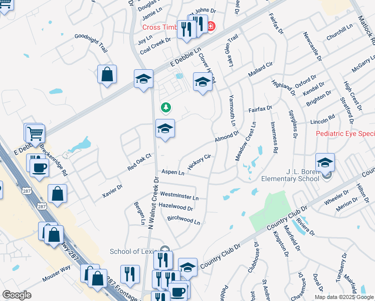 map of restaurants, bars, coffee shops, grocery stores, and more near 1015 Almond Drive in Mansfield