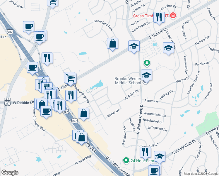 map of restaurants, bars, coffee shops, grocery stores, and more near 1428 Holley Creek Lane in Mansfield