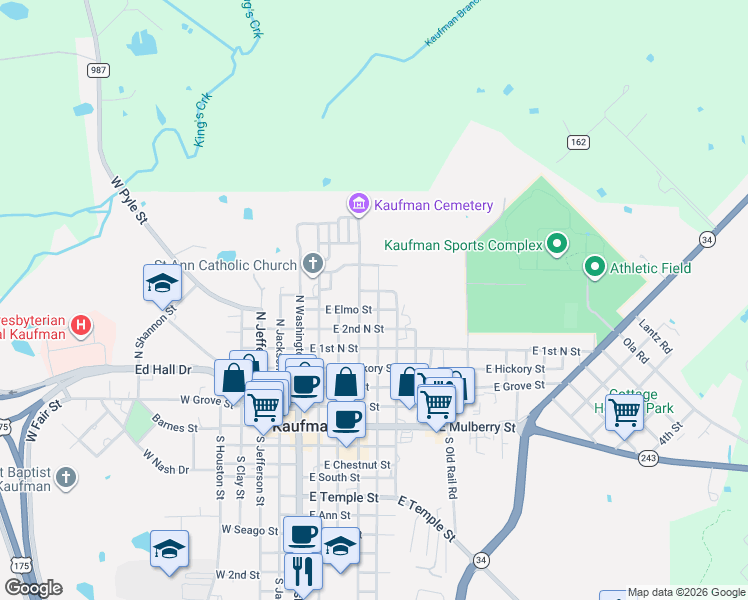 map of restaurants, bars, coffee shops, grocery stores, and more near 703 North Wilson Street in Kaufman