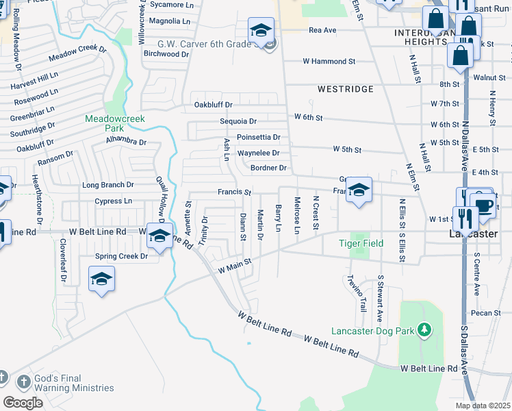 map of restaurants, bars, coffee shops, grocery stores, and more near 223 Martin Drive in Lancaster