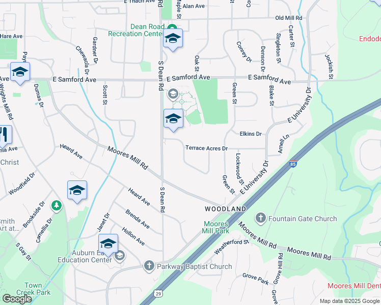 map of restaurants, bars, coffee shops, grocery stores, and more near 1095 Terrace Acres Drive in Auburn