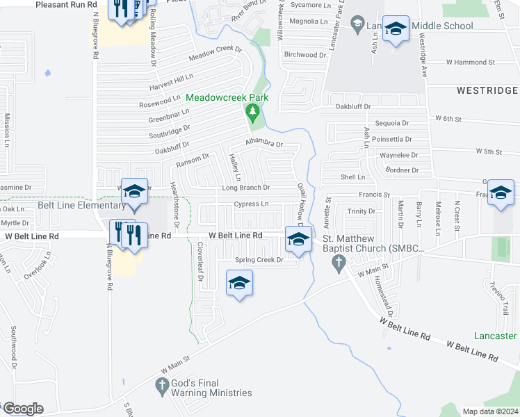map of restaurants, bars, coffee shops, grocery stores, and more near 1240 Cypress Lane in Lancaster