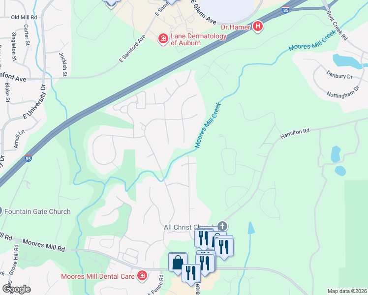 map of restaurants, bars, coffee shops, grocery stores, and more near 724 Highland Road in Auburn