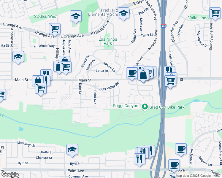map of restaurants, bars, coffee shops, grocery stores, and more near 1729 Regency Way in Chula Vista