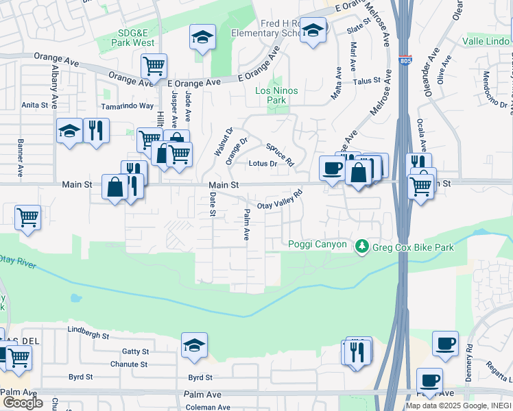 map of restaurants, bars, coffee shops, grocery stores, and more near 4087 Otay Valley Road in Chula Vista