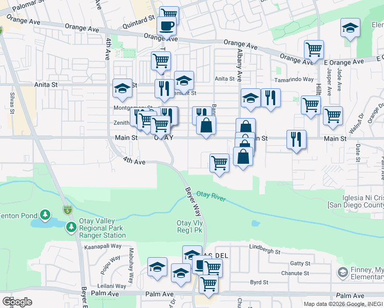 map of restaurants, bars, coffee shops, grocery stores, and more near 148 Teena Drive in Chula Vista