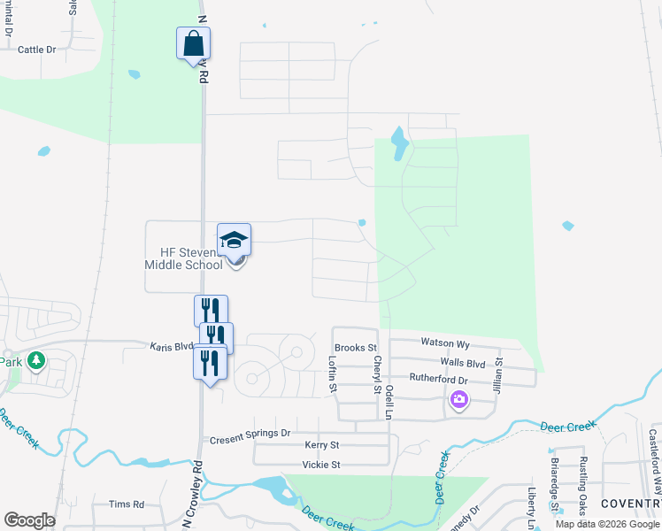 map of restaurants, bars, coffee shops, grocery stores, and more near 425 Alpine Court in Crowley