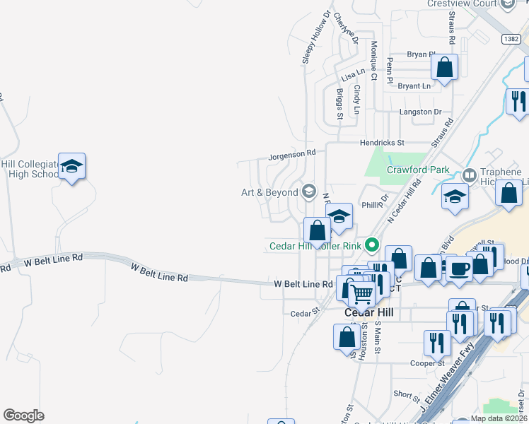 map of restaurants, bars, coffee shops, grocery stores, and more near 417 Bradshaw Street in Cedar Hill