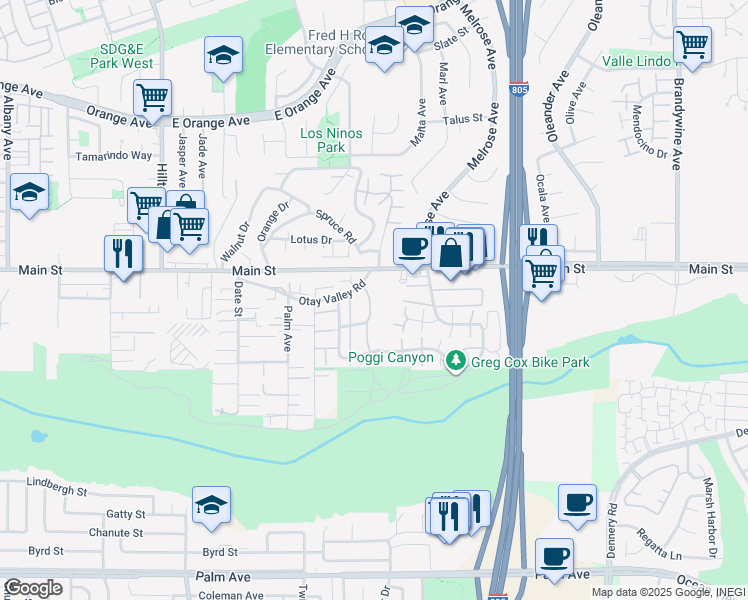 map of restaurants, bars, coffee shops, grocery stores, and more near 244 Otay Valley Road in Chula Vista