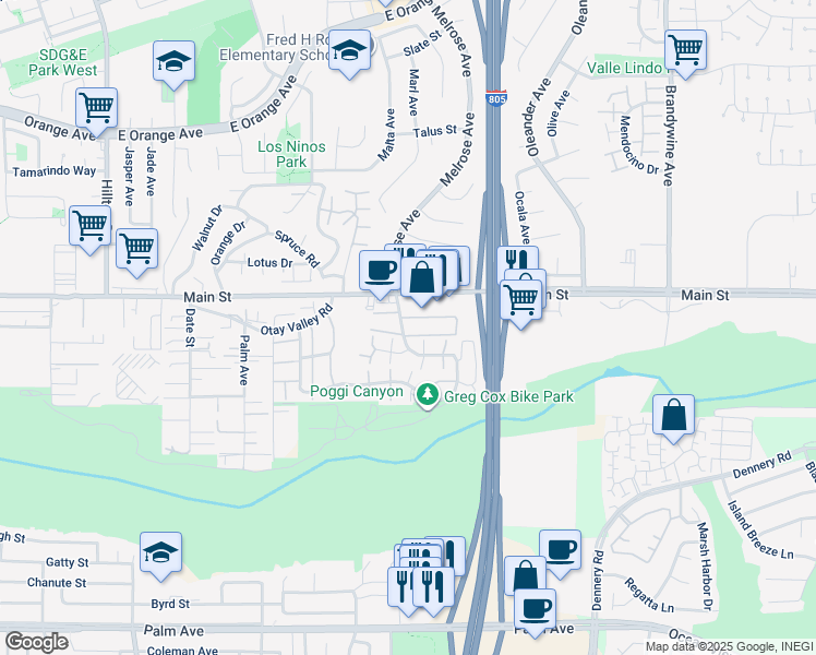 map of restaurants, bars, coffee shops, grocery stores, and more near 1735 Melrose Avenue in Chula Vista