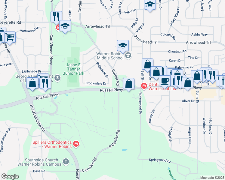 map of restaurants, bars, coffee shops, grocery stores, and more near Russell Parkway in Warner Robins