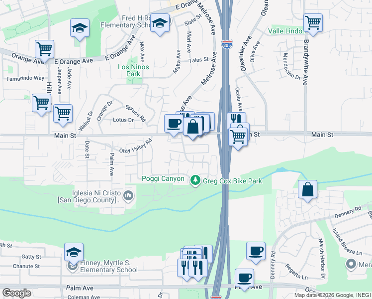map of restaurants, bars, coffee shops, grocery stores, and more near 1735 Melrose Avenue in Chula Vista
