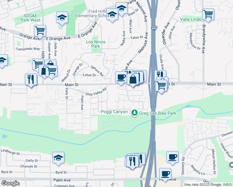 map of restaurants, bars, coffee shops, grocery stores, and more near 244 Otay Valley Road in Chula Vista