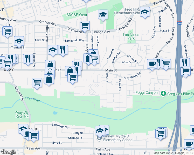 map of restaurants, bars, coffee shops, grocery stores, and more near 3867 Main Street in Chula Vista