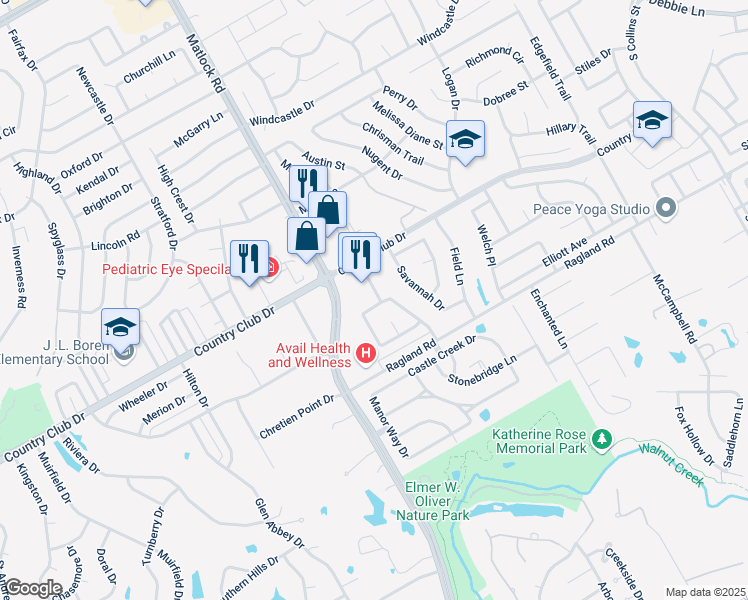 map of restaurants, bars, coffee shops, grocery stores, and more near 2109 Sandhurst Drive in Mansfield