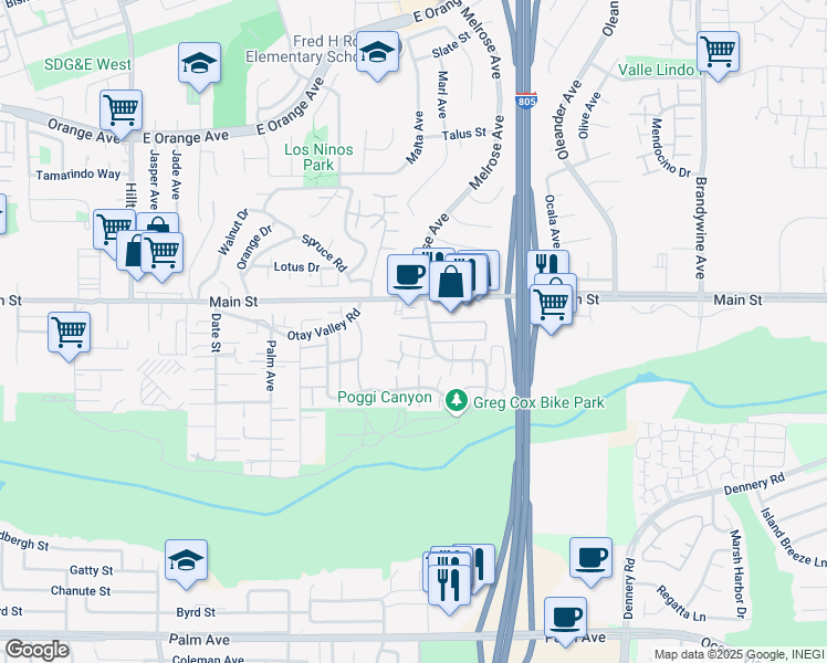 map of restaurants, bars, coffee shops, grocery stores, and more near 269 Rancho Court in Chula Vista