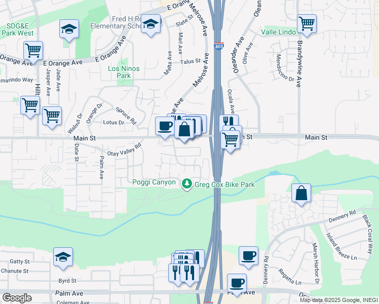 map of restaurants, bars, coffee shops, grocery stores, and more near 1737 Melrose Avenue in Chula Vista
