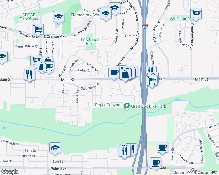 map of restaurants, bars, coffee shops, grocery stores, and more near 244 Otay Valley Road in Chula Vista