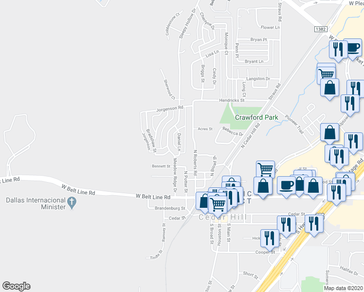 map of restaurants, bars, coffee shops, grocery stores, and more near 405 Daniel Lane in Cedar Hill