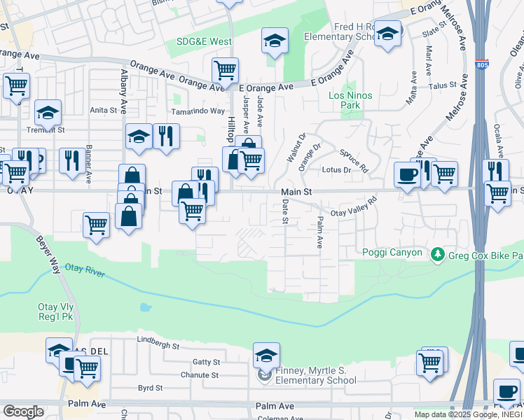 map of restaurants, bars, coffee shops, grocery stores, and more near 3867 Main Street in Chula Vista