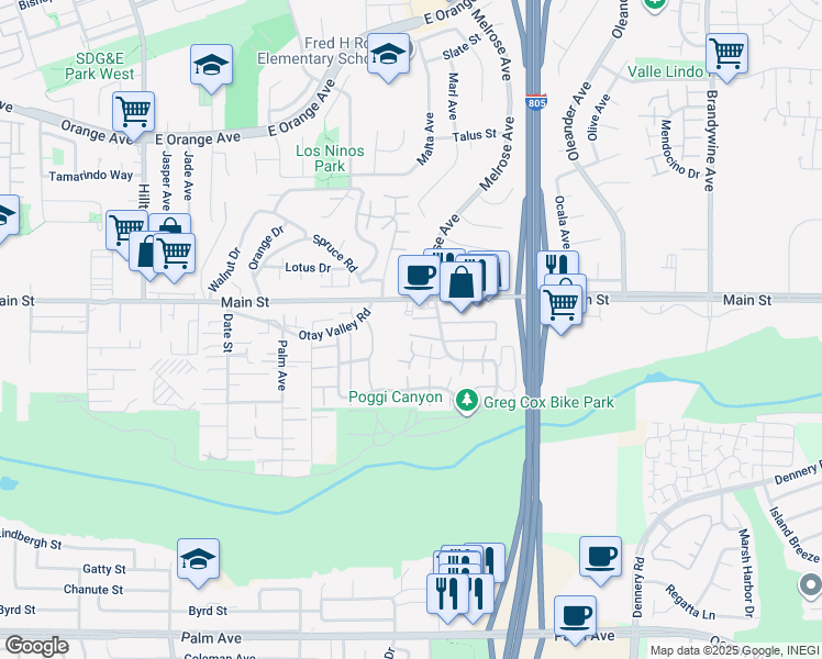 map of restaurants, bars, coffee shops, grocery stores, and more near 269 Rancho Court in Chula Vista