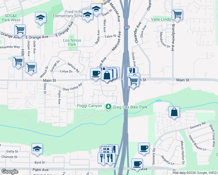 map of restaurants, bars, coffee shops, grocery stores, and more near 1721 Melrose Avenue in Chula Vista