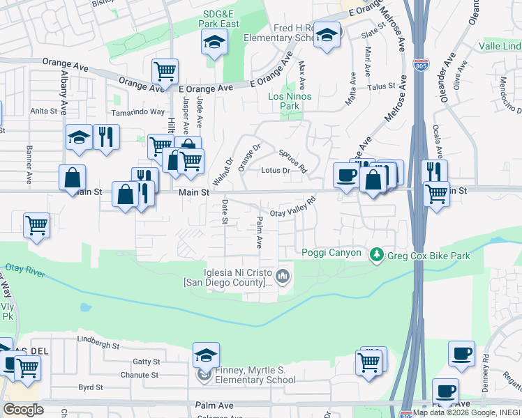 map of restaurants, bars, coffee shops, grocery stores, and more near 4050 Otay Valley Road in Chula Vista