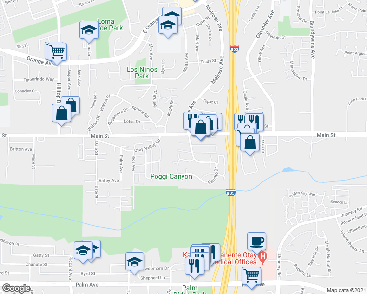 map of restaurants, bars, coffee shops, grocery stores, and more near 1720 Melrose Avenue in Chula Vista