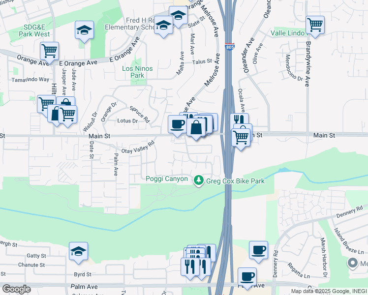 map of restaurants, bars, coffee shops, grocery stores, and more near in Chula Vista