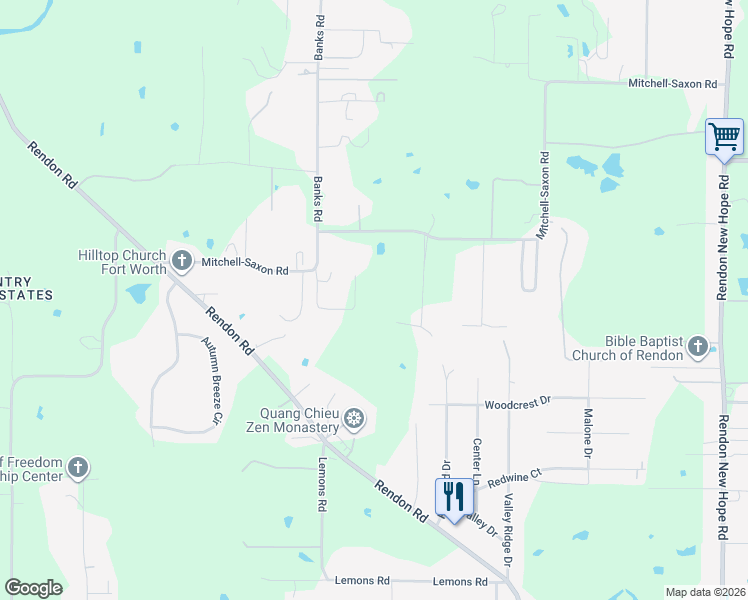 map of restaurants, bars, coffee shops, grocery stores, and more near 5180 Mitchell Saxon Court in Fort Worth