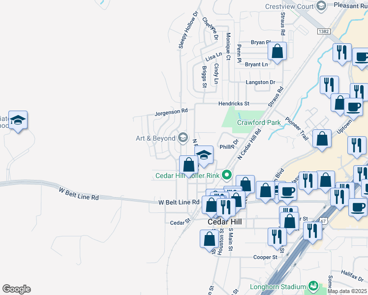 map of restaurants, bars, coffee shops, grocery stores, and more near 407 Daniel Lane in Cedar Hill