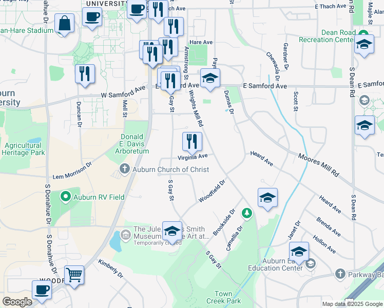 map of restaurants, bars, coffee shops, grocery stores, and more near 241 Virginia Avenue in Auburn