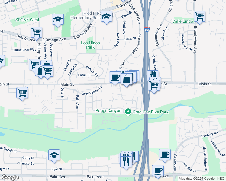 map of restaurants, bars, coffee shops, grocery stores, and more near 1720 Melrose Avenue in Chula Vista