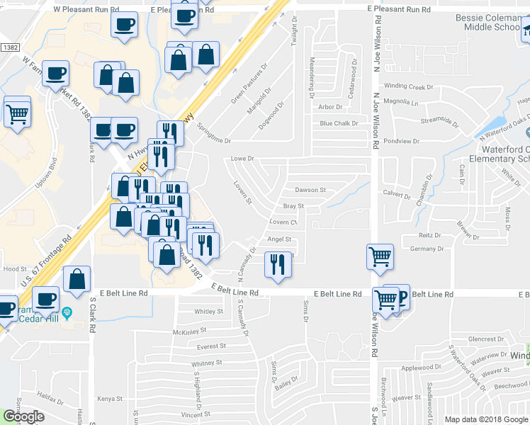 map of restaurants, bars, coffee shops, grocery stores, and more near 781 Lovern Street in Cedar Hill