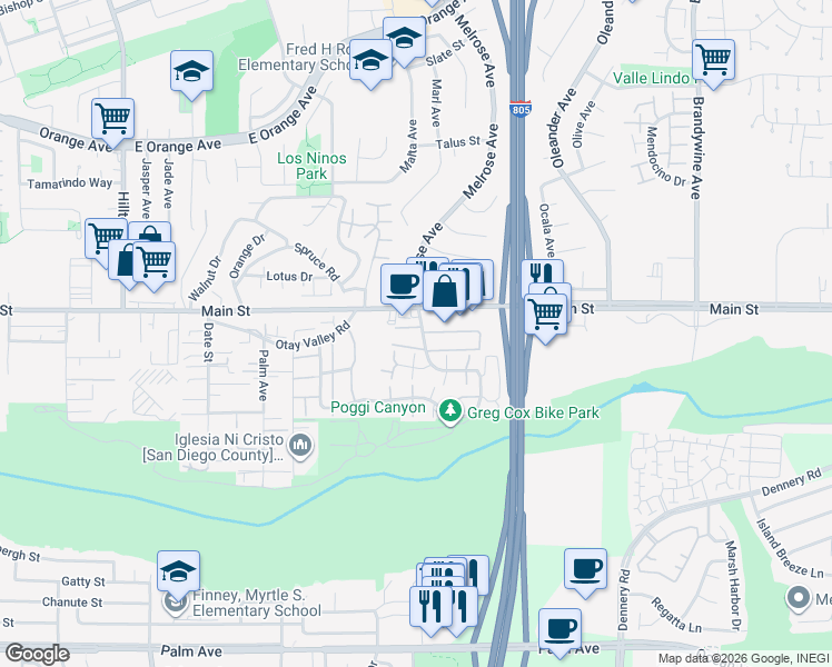 map of restaurants, bars, coffee shops, grocery stores, and more near 1720 Melrose Avenue in Chula Vista
