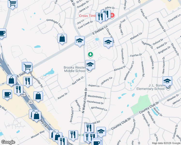 map of restaurants, bars, coffee shops, grocery stores, and more near 1520 North Walnut Creek Drive in Mansfield