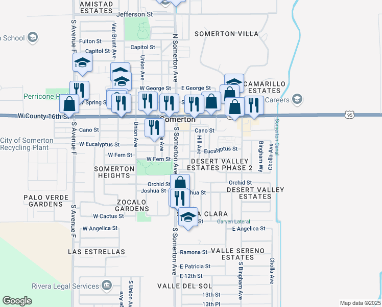 map of restaurants, bars, coffee shops, grocery stores, and more near 242 Eucalyptus Street in Somerton