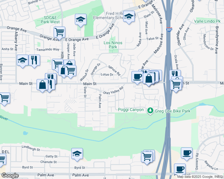 map of restaurants, bars, coffee shops, grocery stores, and more near 4087 Otay Valley Road in Chula Vista